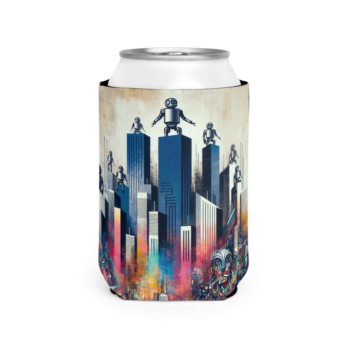 "Paysage urbain robotique : une fresque murale futuriste" - The Alien Can Cooler Sleeve Street Art / Graffiti