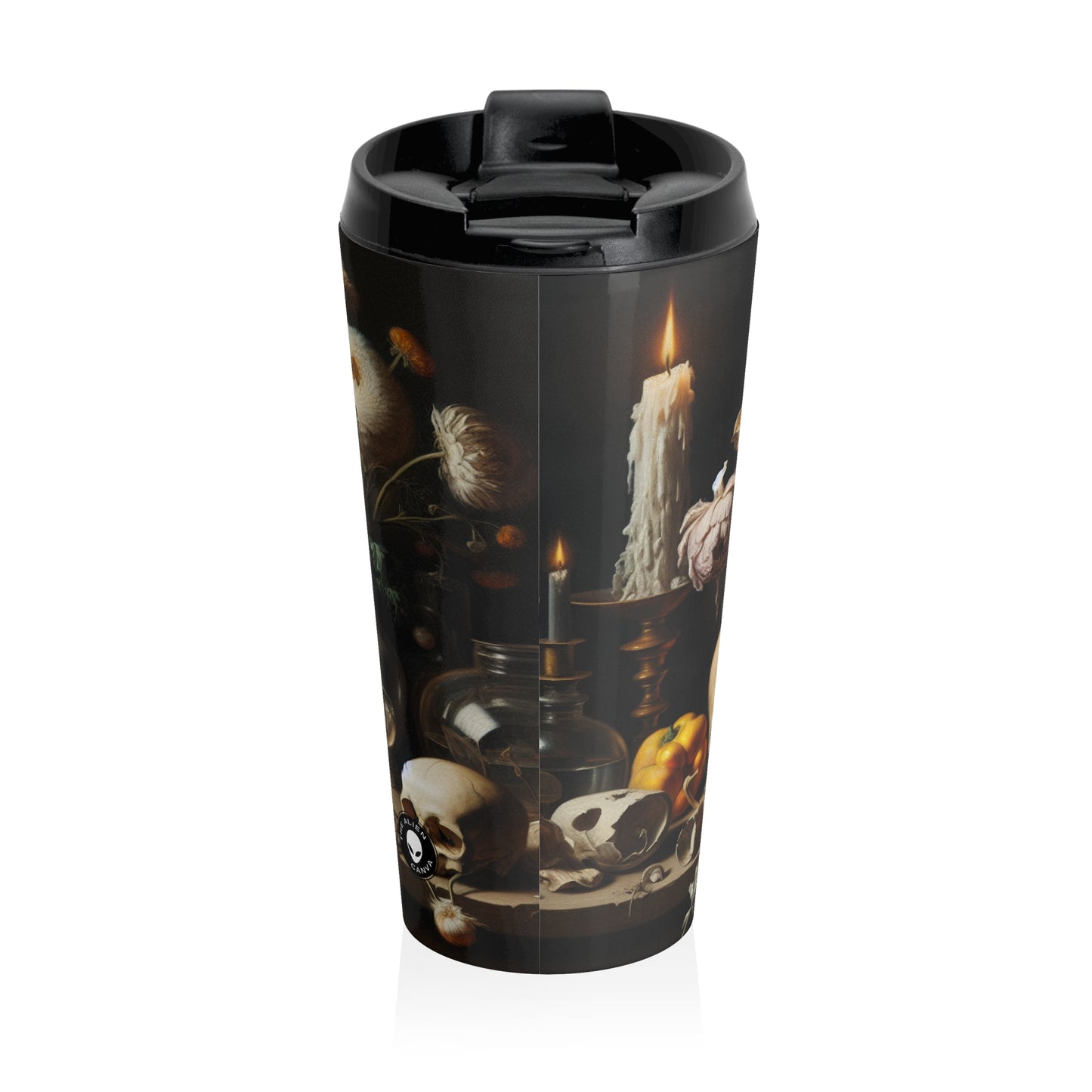 "Digital Decay: A Contemporary Vanitas Examining Consumerism in the 21st Century" - The Alien Stainless Steel Travel Mug Vanitas Painting