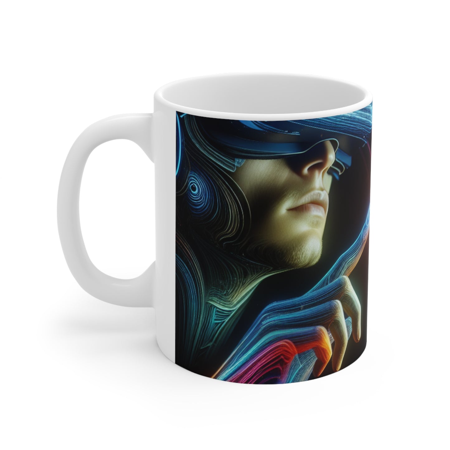 "Realmscape: An Infinite Virtual Odyssey" - Taza de cerámica alienígena, arte de realidad virtual de 11 oz