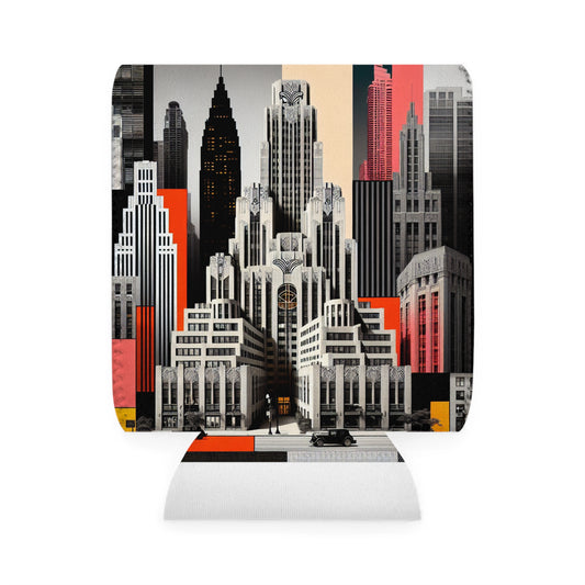 "A Contrast of Times: Classic Art Deco Skyscrapers and a Modern Cityscape" - The Alien Can Cooler Sleeve Art Deco Style