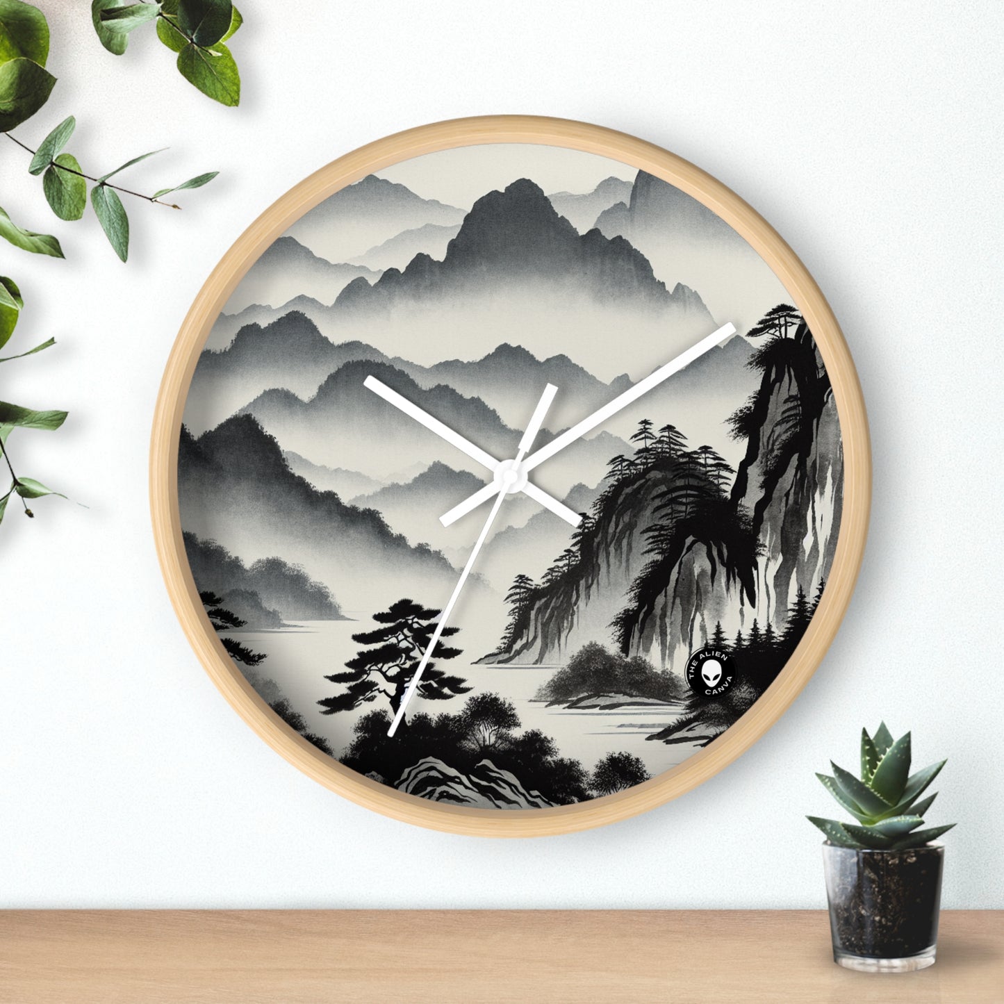 "Tinta armoniosa: capturando la tranquilidad de un jardín zen" - La pintura con lavado de tinta del reloj de pared alienígena