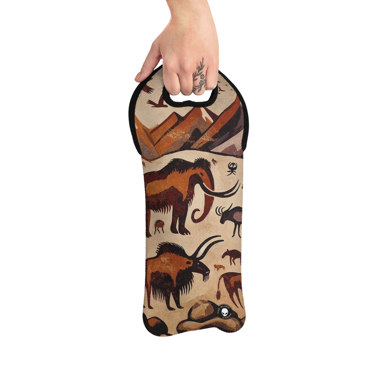 Title: "Ancient Encounter: The Battle of Giants" - The Alien Wine Tote Bag Cave Painting