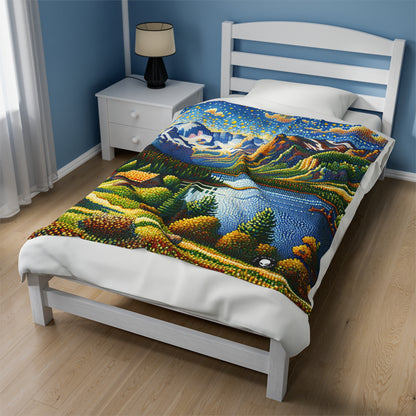 "Tranquil Sunset: A Pointillist Masterpiece of Serene Countryside" - The Alien Velveteen Plush Blanket Pointillism