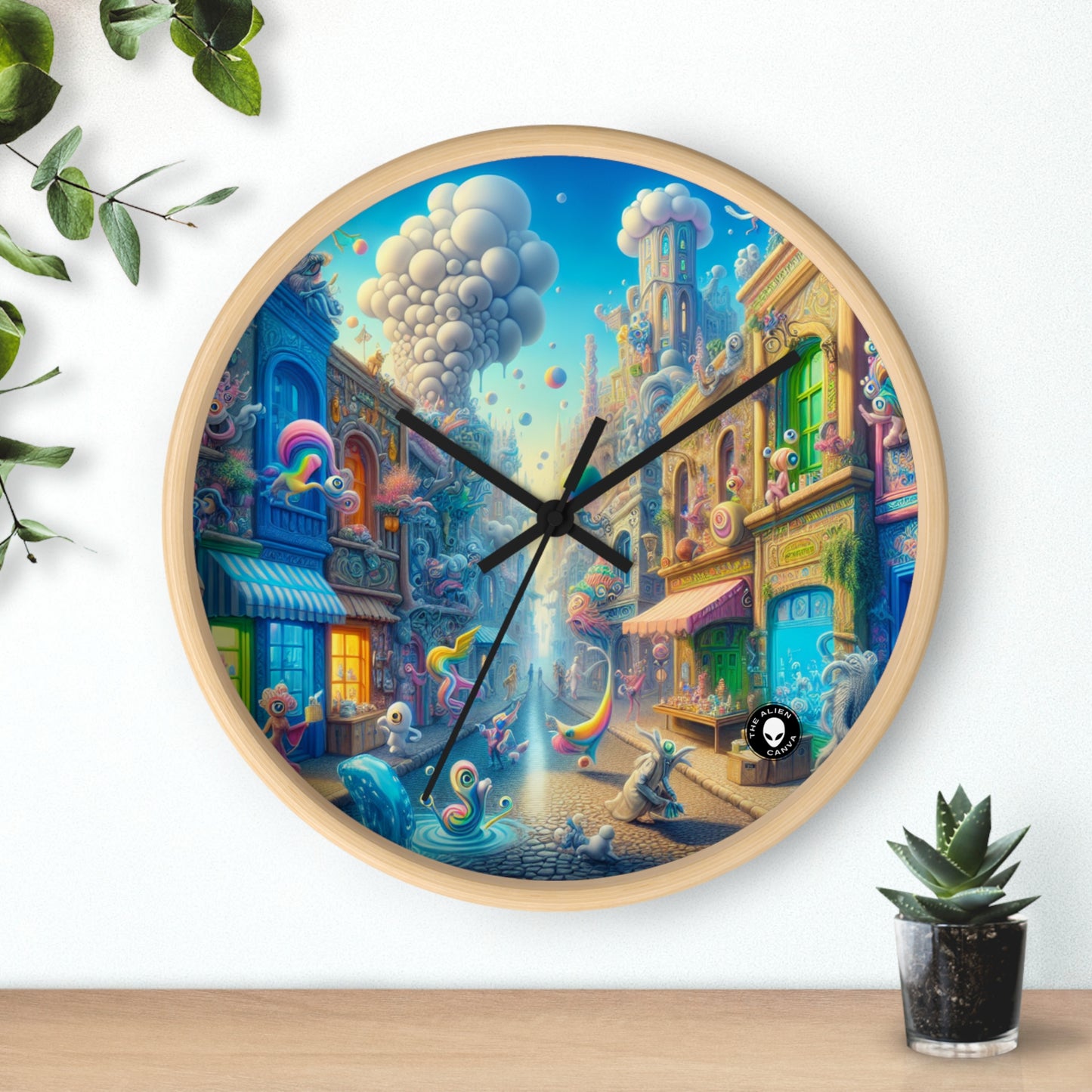 "Whimsical Wonders: A Vibrant Street Scene" - The Alien Wall Clock