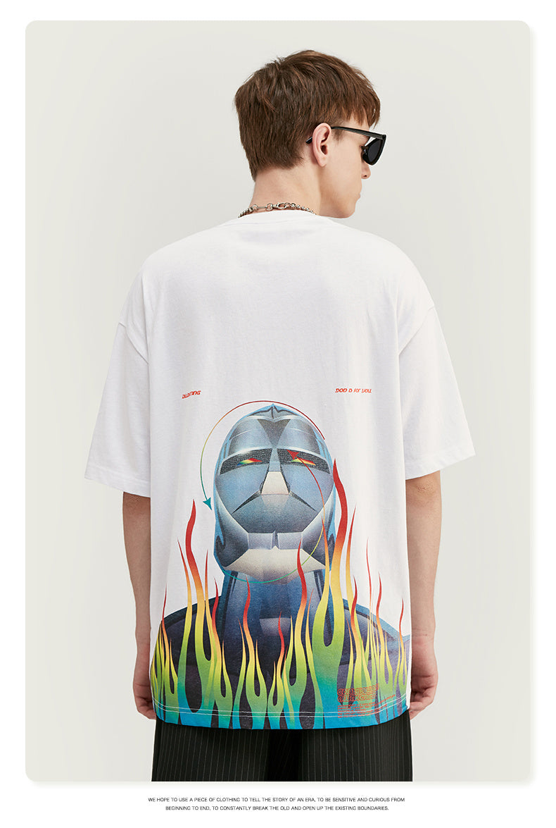 Tide brand flame robot printed short-sleeved t-shirt