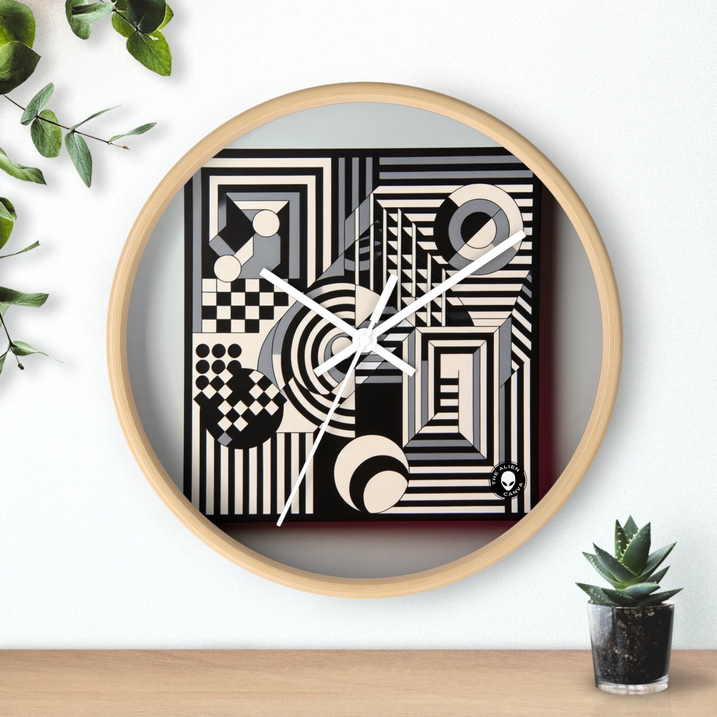 "Mesmerize: Bold Op Art Geometry in Black and White" - The Alien Wall Clock Op Art