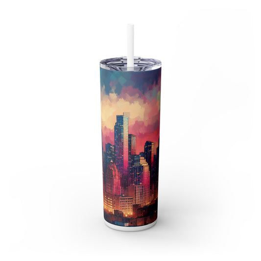 "Dusky Reflections: City Skyline at Sunset" - The Alien Maars® Skinny Tumbler with Straw 20oz