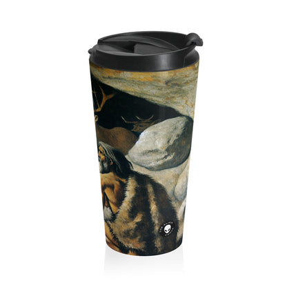 "Hunter and Wolf: In Pursuit of Prey." - The Alien Stainless Steel Travel Mug Cave Painting