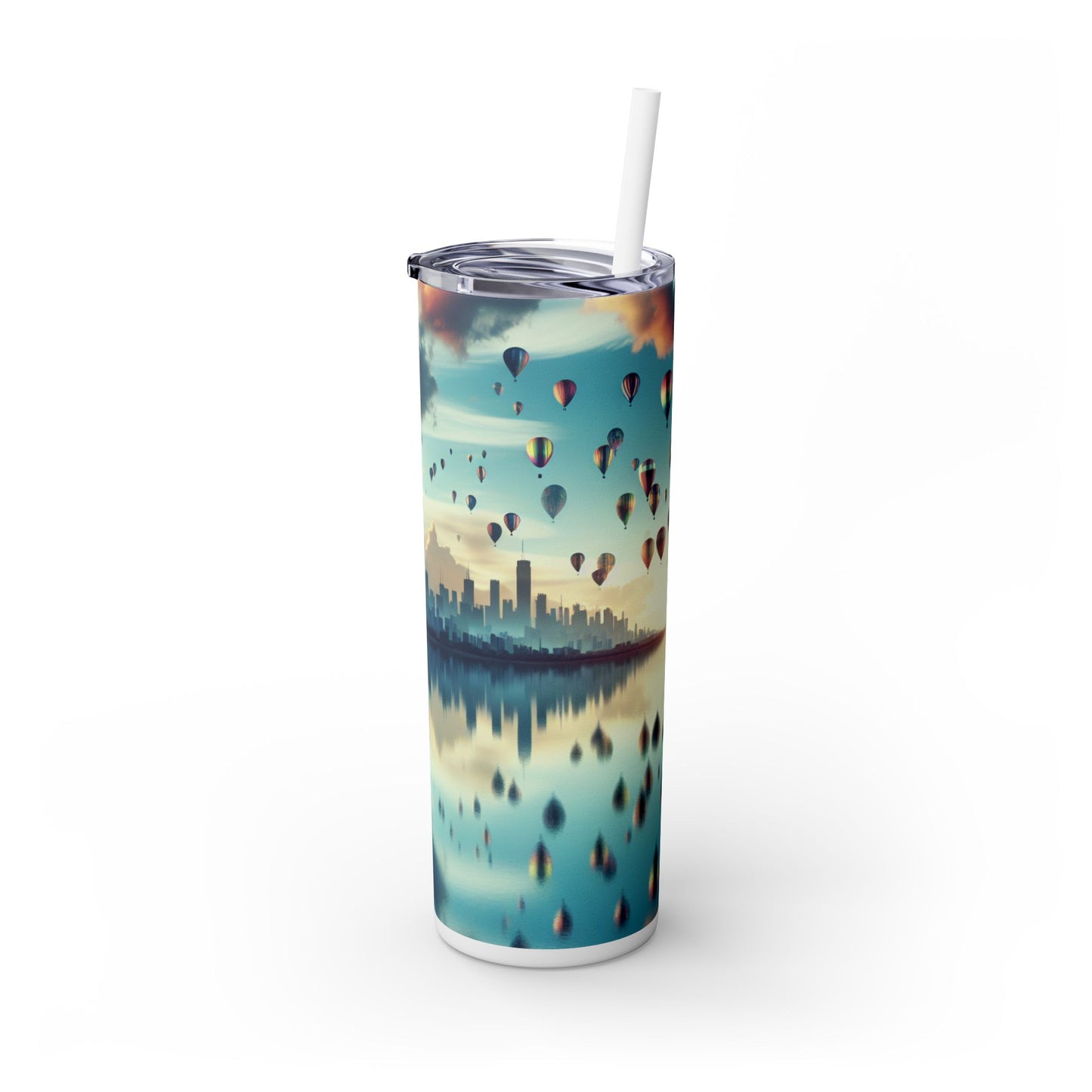 "Mirrored Metropolis: A Lake of Dreams" - The Alien Maars® Skinny Tumbler with Straw 20oz