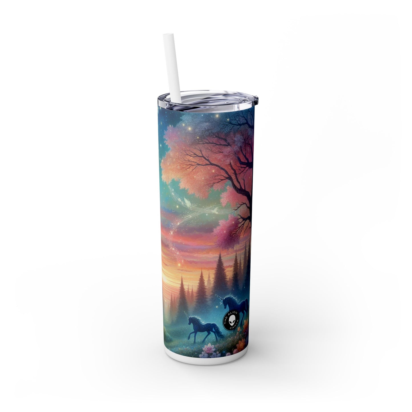 "Atardecer encantado: una pintura de un bosque mágico" - Vaso delgado con pajita de 20 oz de Alien Maars®