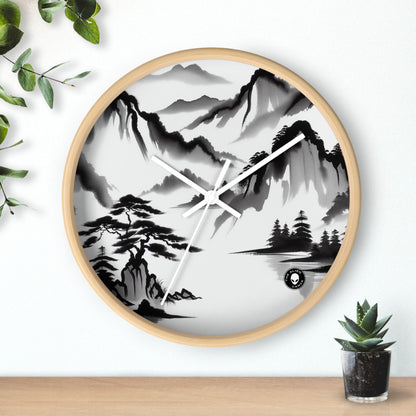 "Mountain Reflection: A Serene Zen Ink Painting" - The Alien Wall Clock Zen Ink Painting