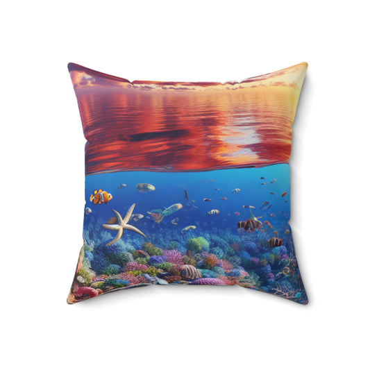 "Sunset Splendor: Underwater Coral Reef" - La almohada cuadrada de poliéster hilado alienígena