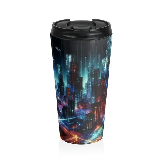 "Neon Skyline: A Futuristic Cityscape" - The Alien Stainless Steel Travel Mug