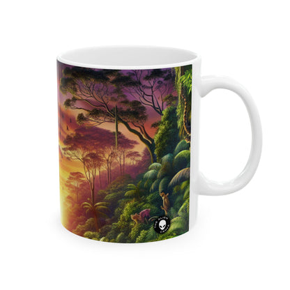 "Atardecer en la jungla: un encuentro salvaje" - Taza de cerámica alienígena de 11 oz