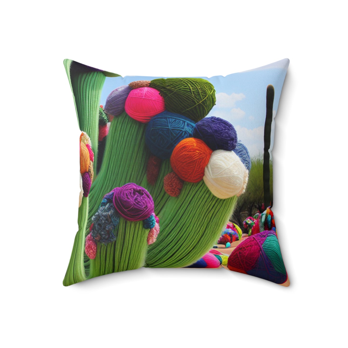 "Yarn-Filled Cacti in the Sky" - The Alien Spun Polyester Square Pillow Yarn Bombing (Fiber Art) Style