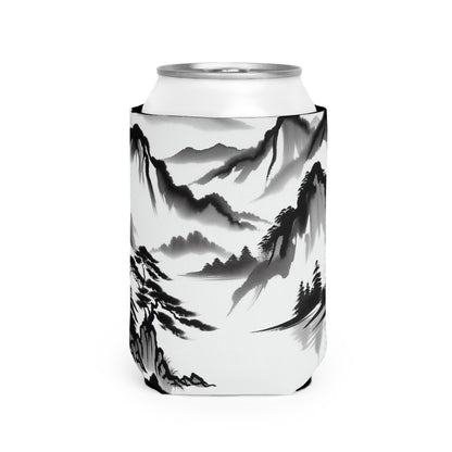 "Mountain Reflection: A Serene Zen Ink Painting" - The Alien Can Cooler Sleeve Zen Ink Painting