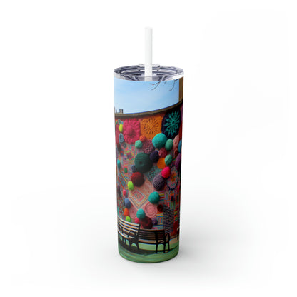 "Yarn of Joy: A Colorful Outdoor Mural" - The Alien Maars® Skinny Tumbler with Straw 20oz Yarn Bombing (Fiber Art)