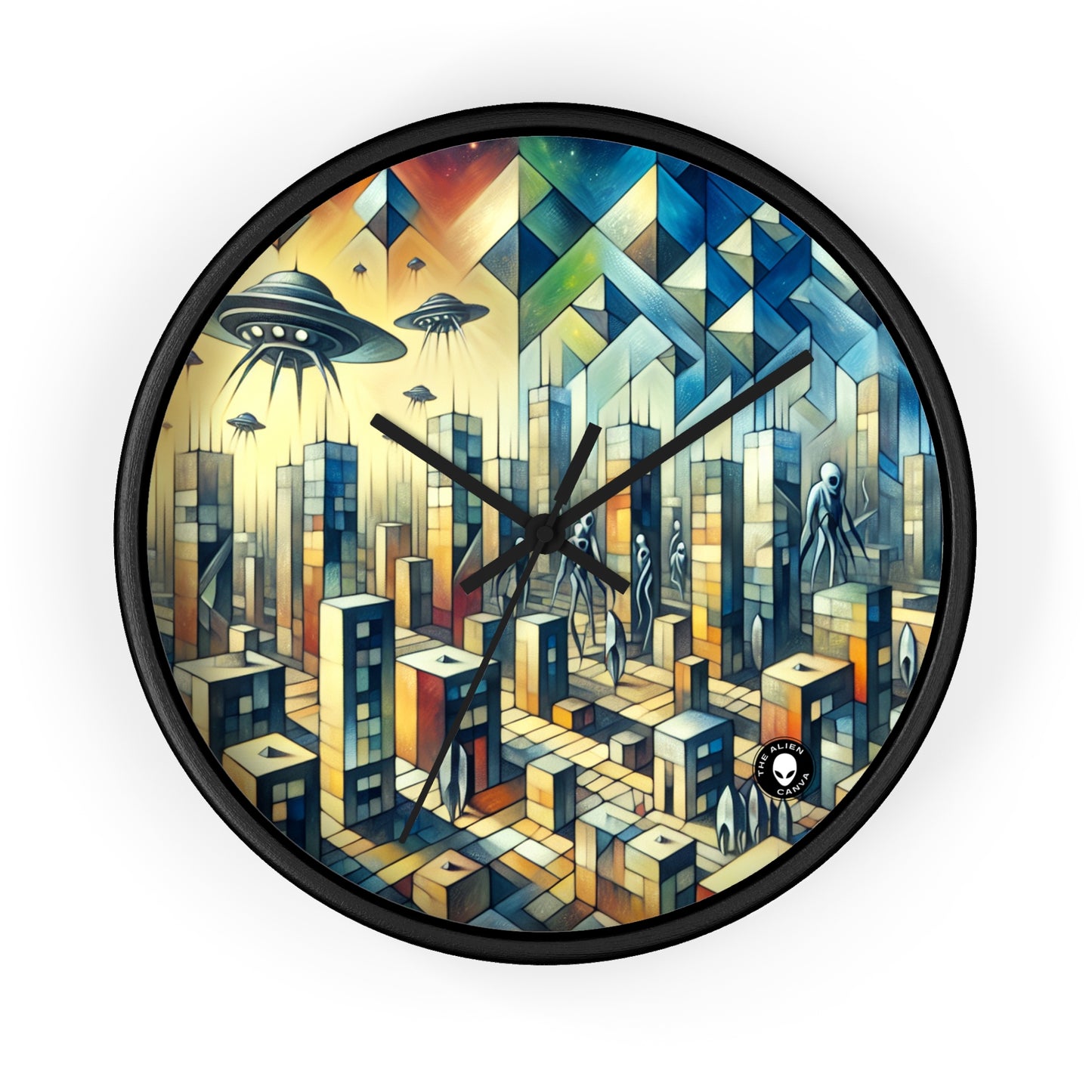 "Cubisme dans une ville futuriste envahie par des extraterrestres". - The Alien Wall Clock Une ville futuriste envahie par des extraterrestres dans un style artistique cubiste