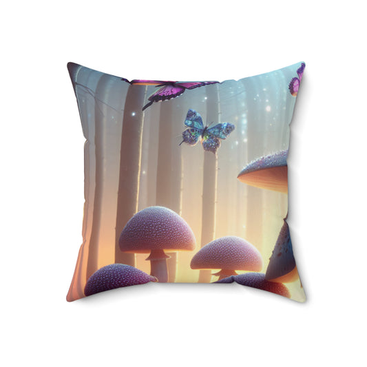 "Twilight Forest: Fluttering Butterflies and Towering Mushrooms"- The Alien Spun Polyester Square Pillow