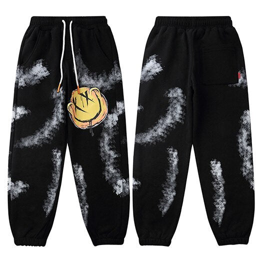 Tie-printed smiley print sports men's casual pants