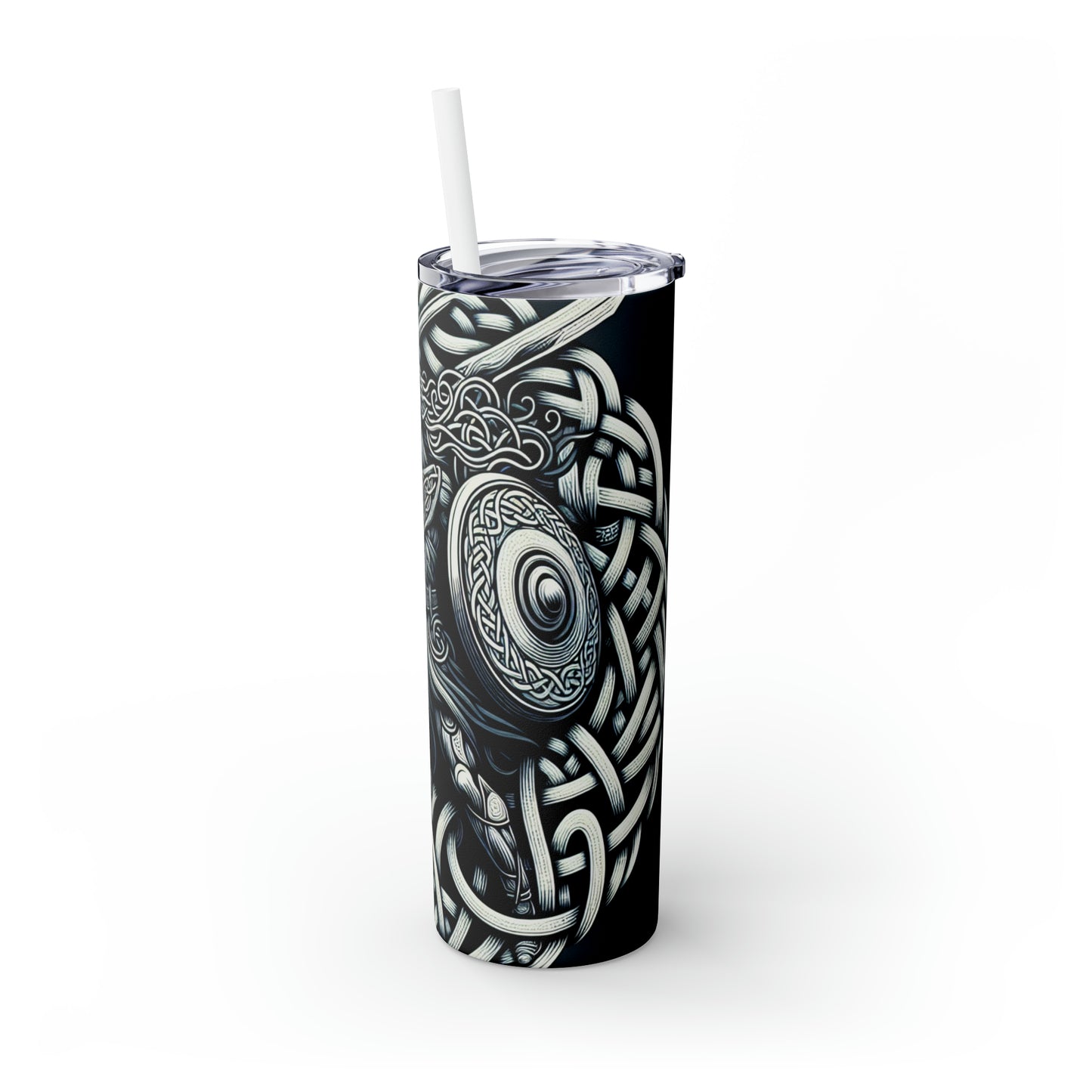 "Celtic Knight: Sword & Shield in Ancient Knots" - The Alien Maars® Skinny Tumbler with Straw 20oz Celtic Art Style