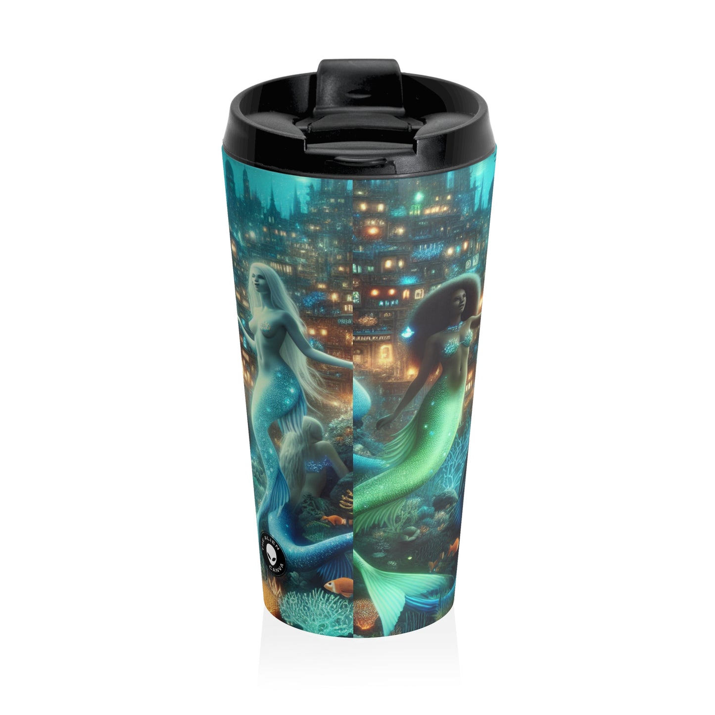 "Profundidades relucientes: la ciudad submarina encantada" - Taza de viaje de acero inoxidable de Alien