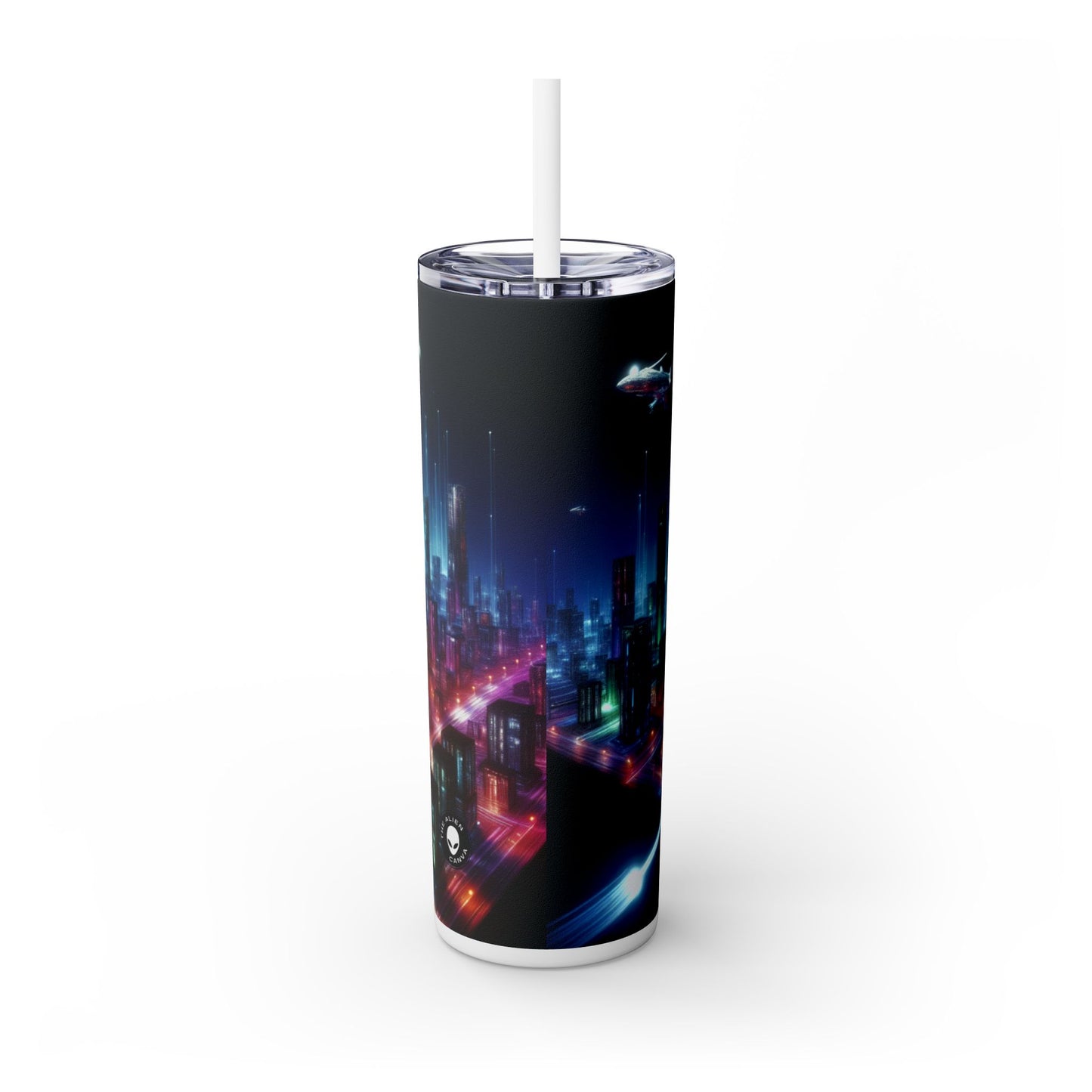 "Neon Skyline: un paisaje urbano futurista" - Vaso delgado con pajita de 20 oz de Alien Maars®