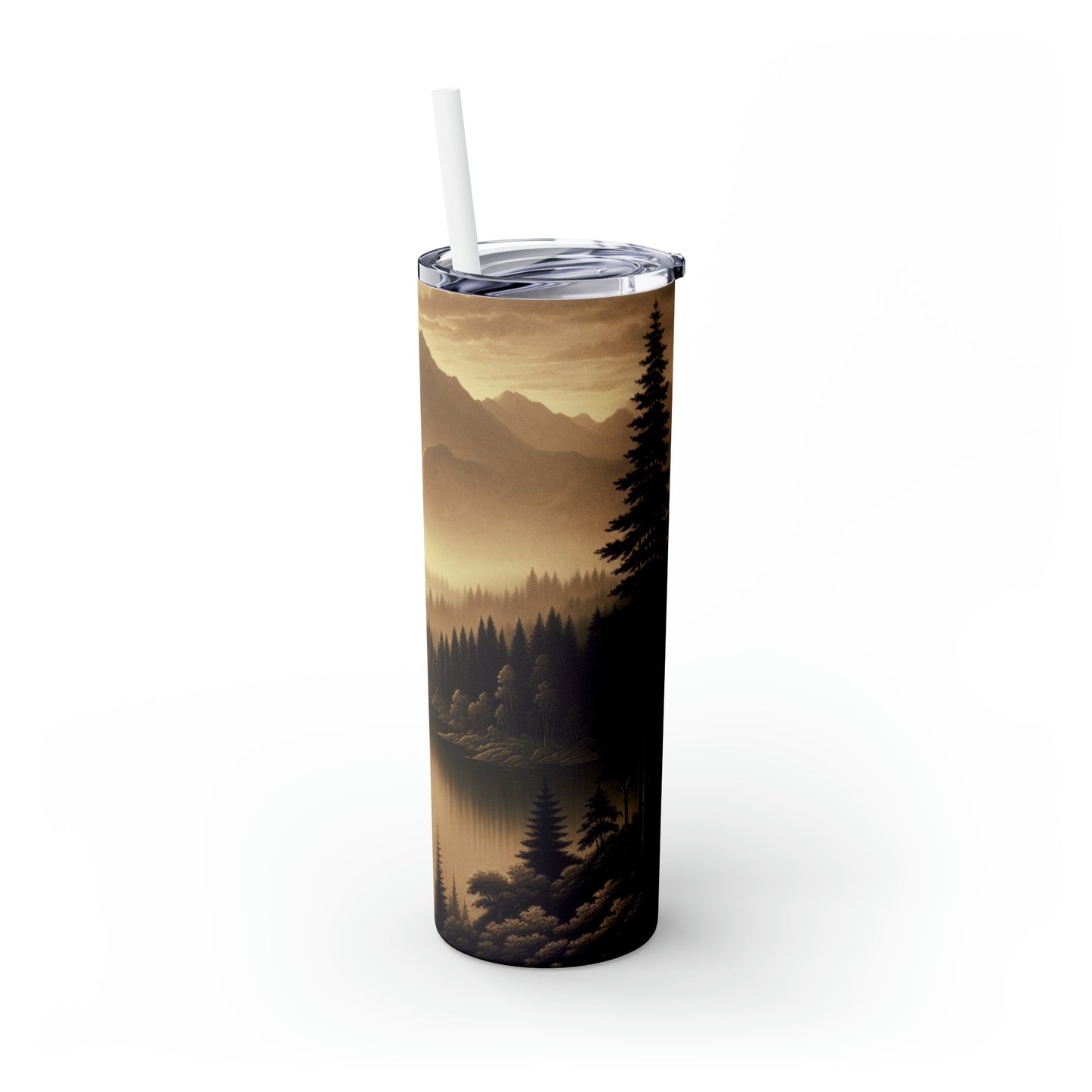 "Dawn at the Lake: A Foggy Mountain Morning" - Vaso delgado con pajita de Alien Maars®, estilo tonalista de 20 oz