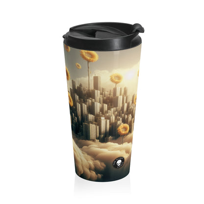 "Ethereal Sky: La ciudad de las nubes y los girasoles" - Taza de viaje de acero inoxidable de Alien