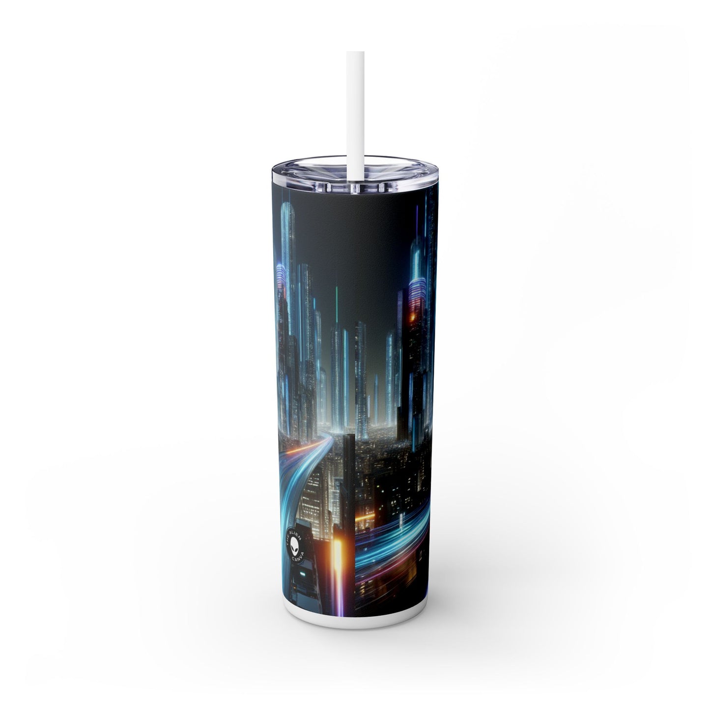 "Neon Nightscapes: A Futuristic City Adventure" - The Alien Maars® Skinny Tumbler with Straw 20oz