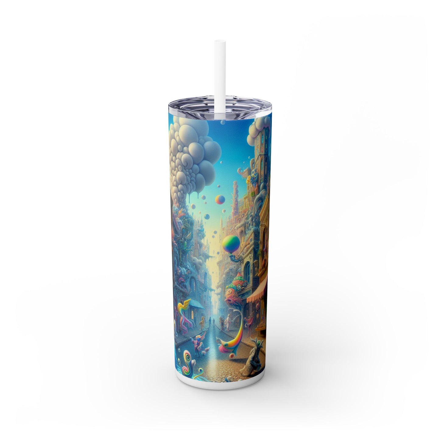 "Whimsical Wonders: A Vibrant Street Scene" - The Alien Maars® Skinny Tumbler with Straw 20oz