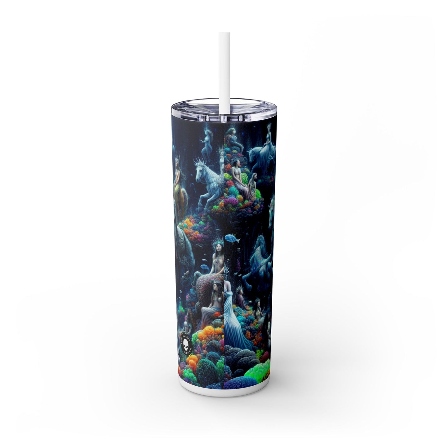 "Reino submarino encantado: sirenas y caballitos de mar" - Vaso delgado con pajita de 20 oz de Alien Maars®