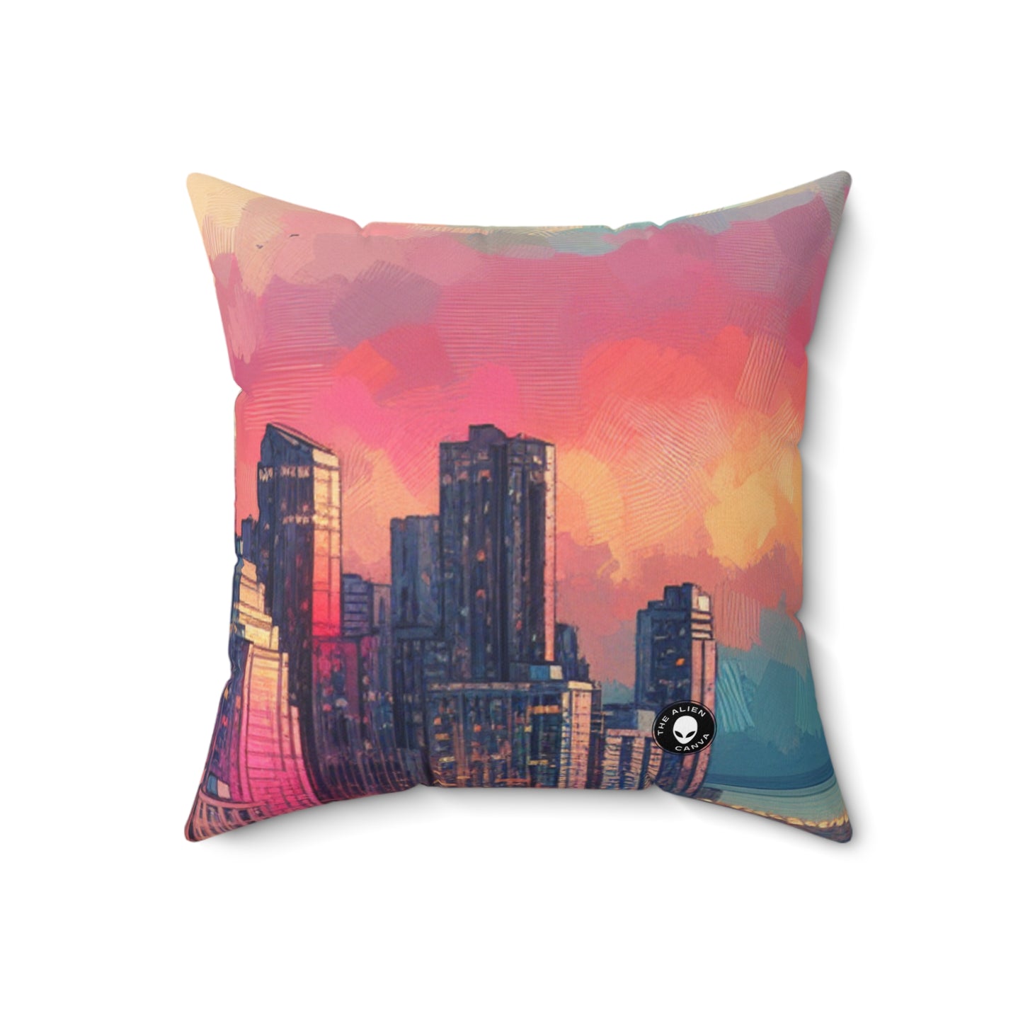 "Dusky Reflections: City Skyline at Sunset"- The Alien Spun Polyester Square Pillow