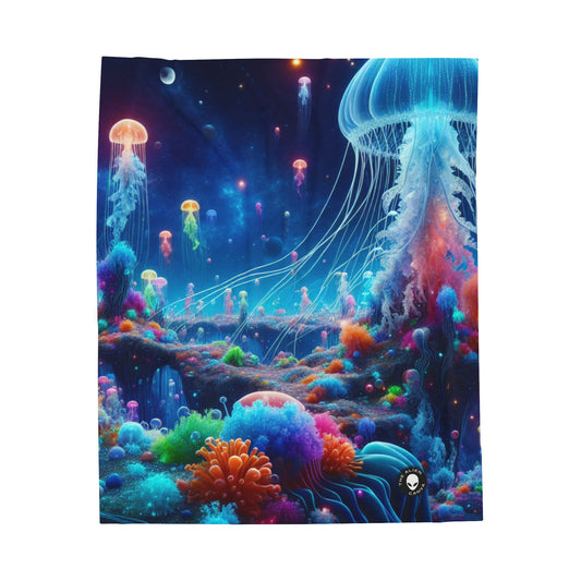 "Neon Jellyfish Fantasia : Une odyssée sous-marine surréaliste" - La couverture en peluche Alien Velveteen