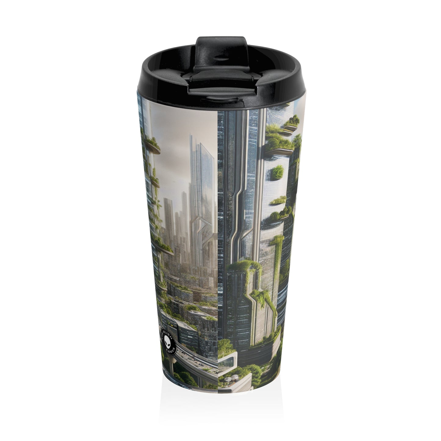 "Nature's Reclamation: A Futuristic Cityscape" - The Alien Stainless Steel Travel Mug