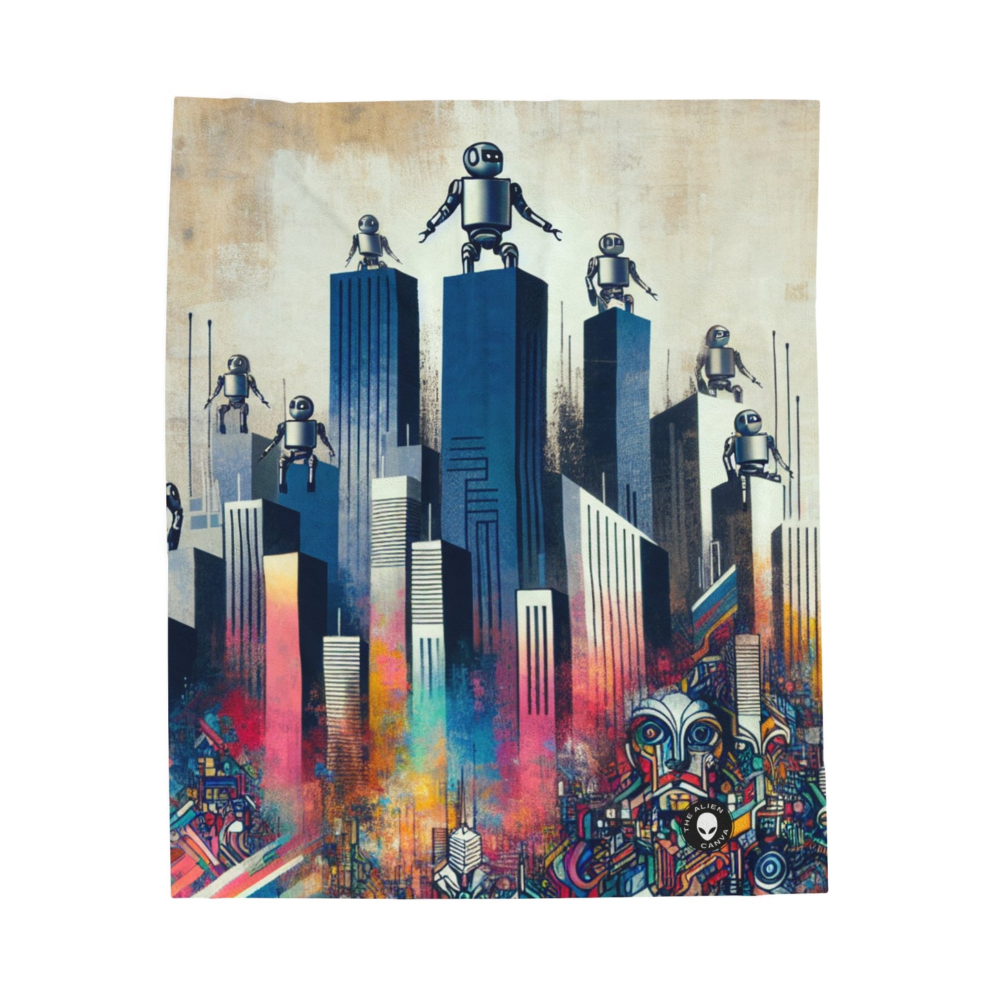 "Paysage urbain robotique : une fresque murale futuriste" - La couverture en peluche Alien Velveteen Street Art / Graffiti