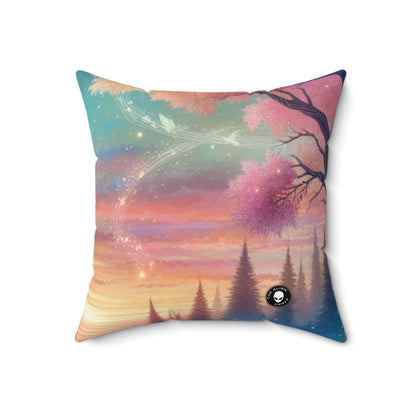 "Atardecer encantado: una pintura de un bosque mágico" - Almohada cuadrada de poliéster hilado de The Alien