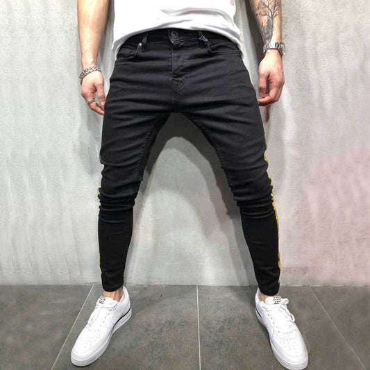 Striped printed denim slim legged black pants