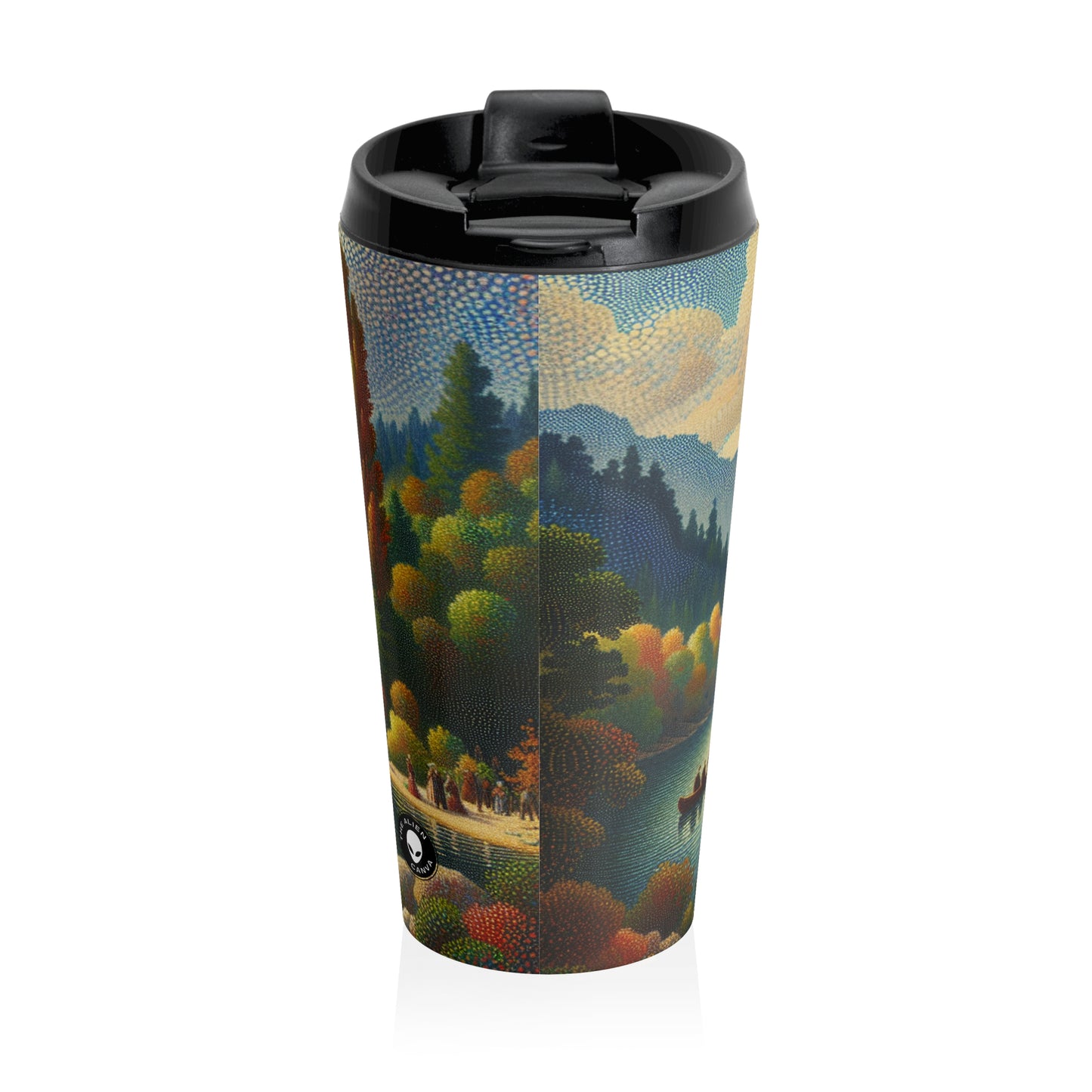 "Serenity in Dots: A Pointillism Sunset at the Beach" - The Alien Stainless Steel Travel Mug Pointillism