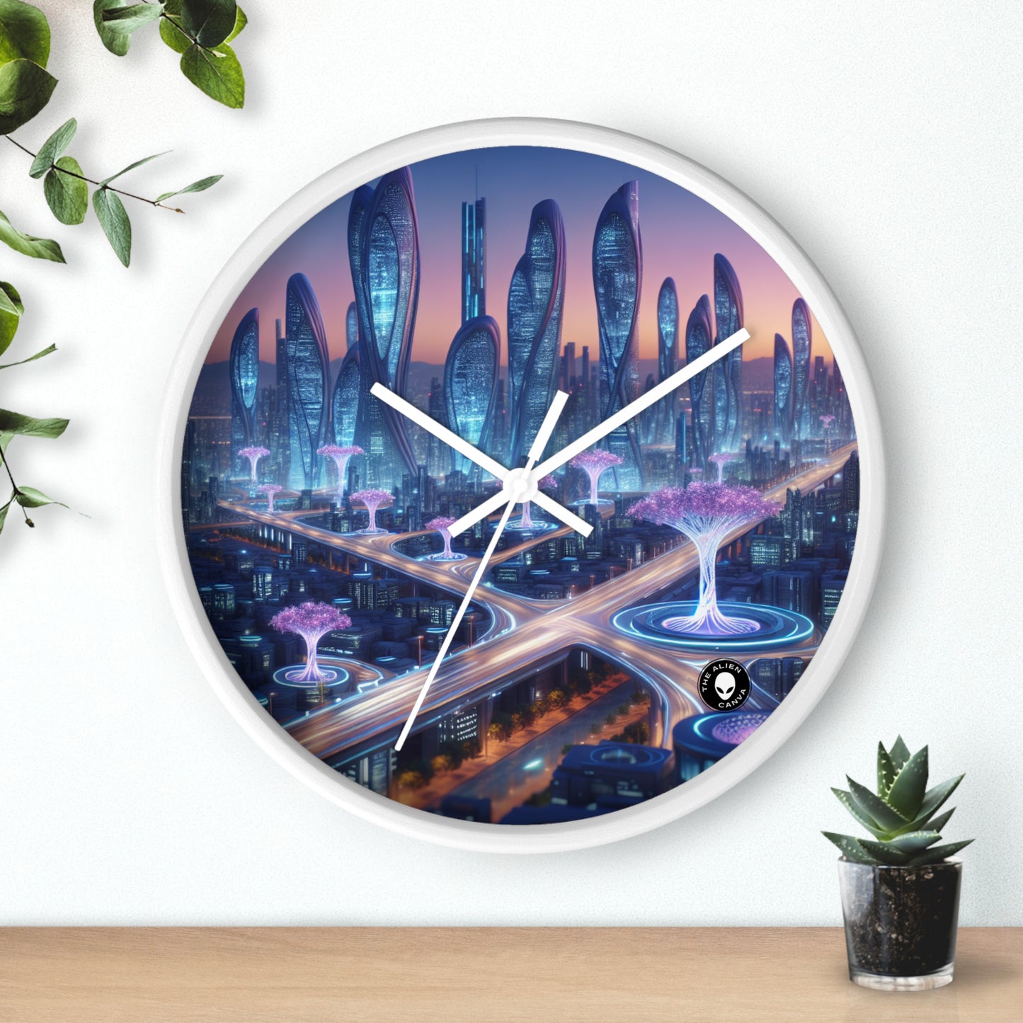 "La ciudad del mañana: naturaleza y tecnología entrelazadas" - El reloj de pared extraterrestre