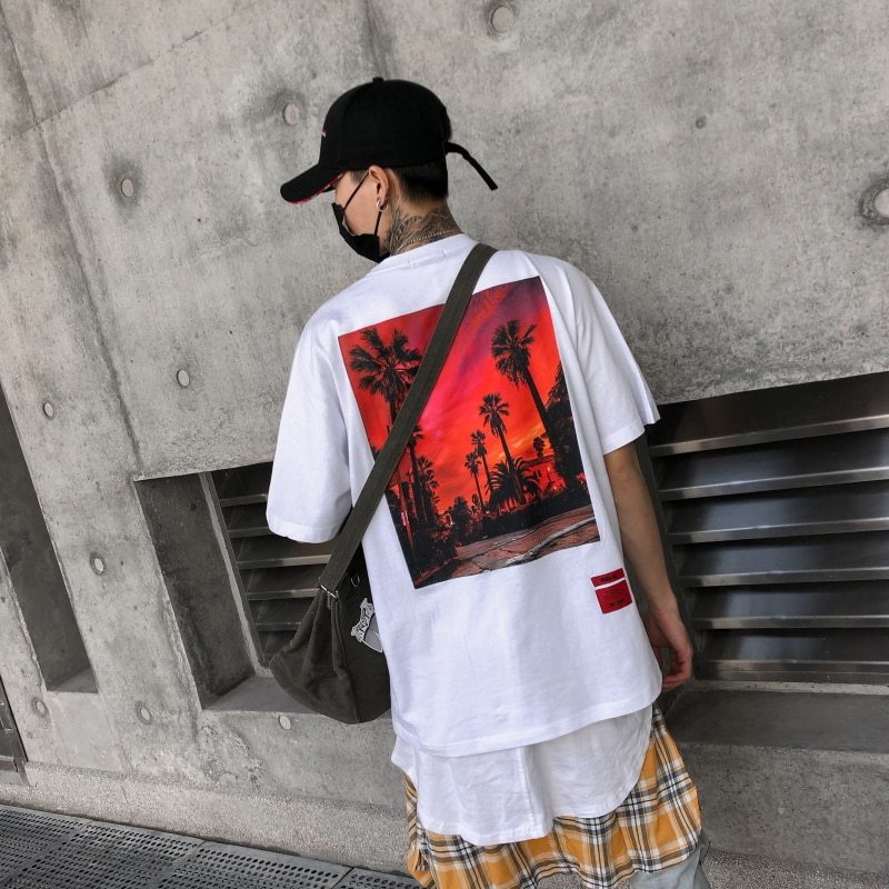 Camiseta de estilo holgado de verano, camiseta de manga corta con cuello redondo y letras estampada por completo, camiseta de Hip Hop, camisetas de algodón para hombre