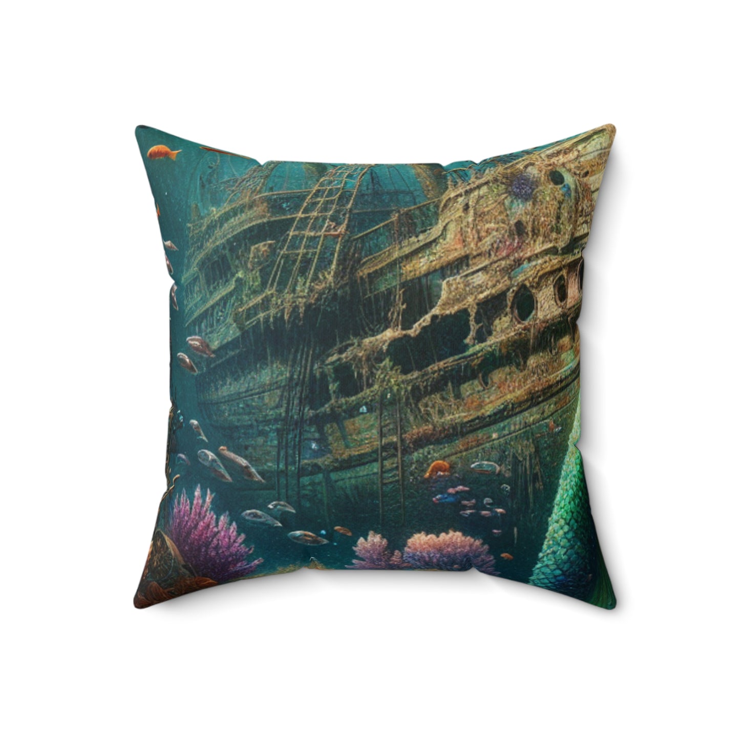 "Mermaid's Treasure: Exploring the Sunken Shipwreck"- The Alien Spun Polyester Square Pillow