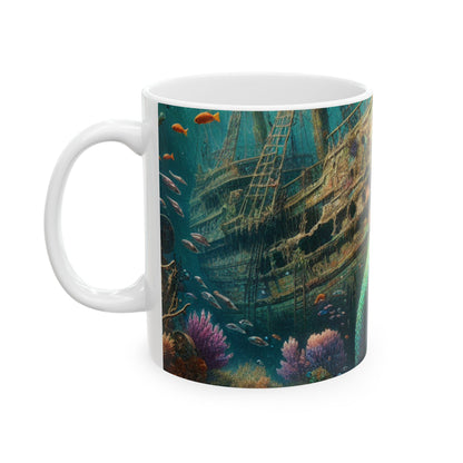 "El tesoro de la sirena: explorando el naufragio hundido" - Taza de cerámica alienígena de 11 oz