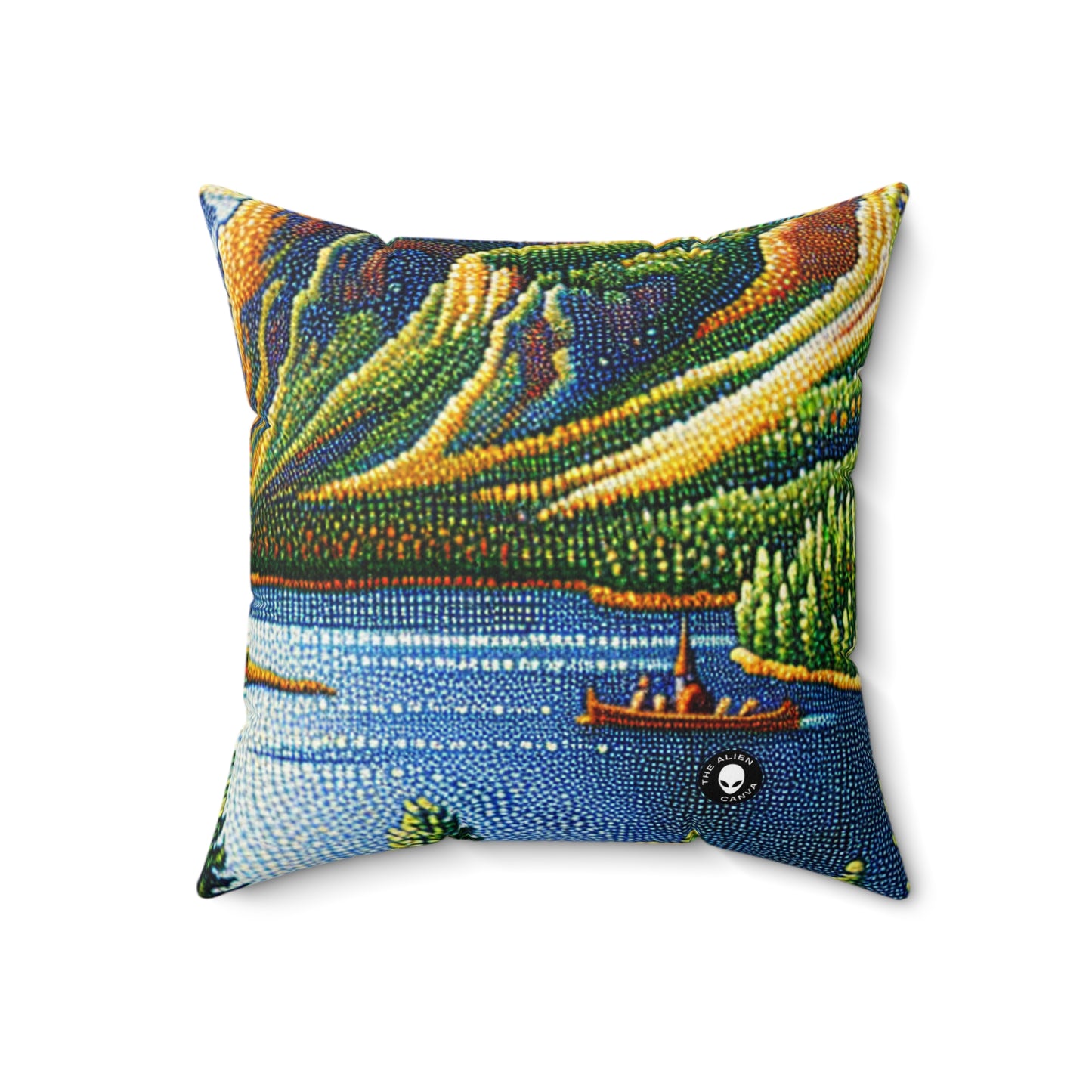 "Tranquil Sunset: A Pointillist Masterpiece of Serene Countryside"- The Alien Spun Polyester Square Pillow Pointillism