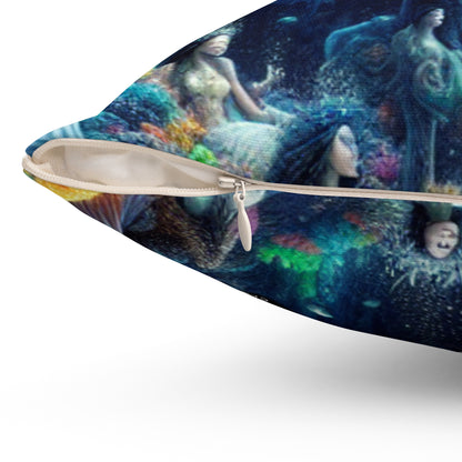 "Enchanted Underwater Realm: Mermaids and Seahorses"- The Alien Spun Polyester Square Pillow