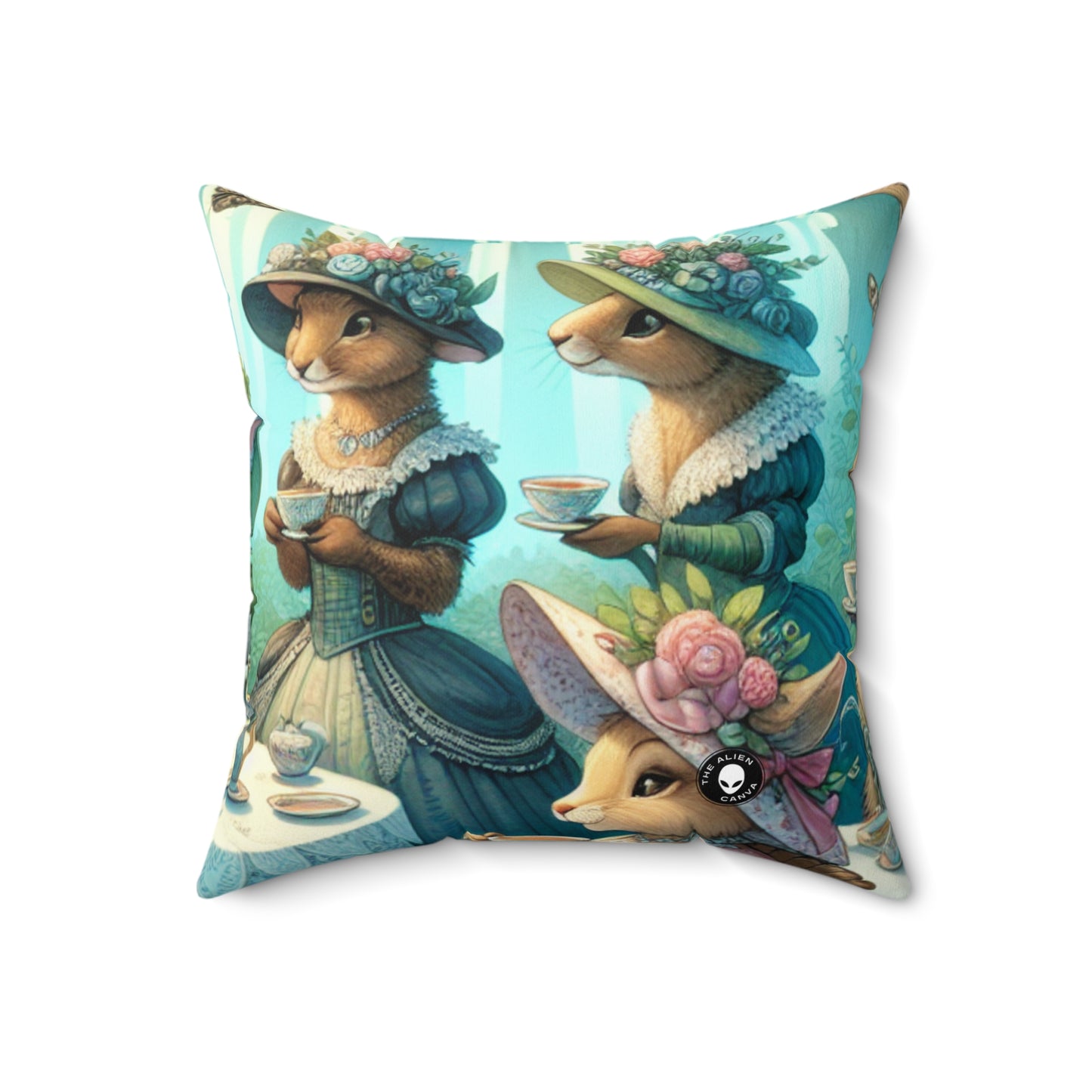 "Fancy Hats and Teacups: A Woodland Tea Party"- The Alien Spun Polyester Square Pillow