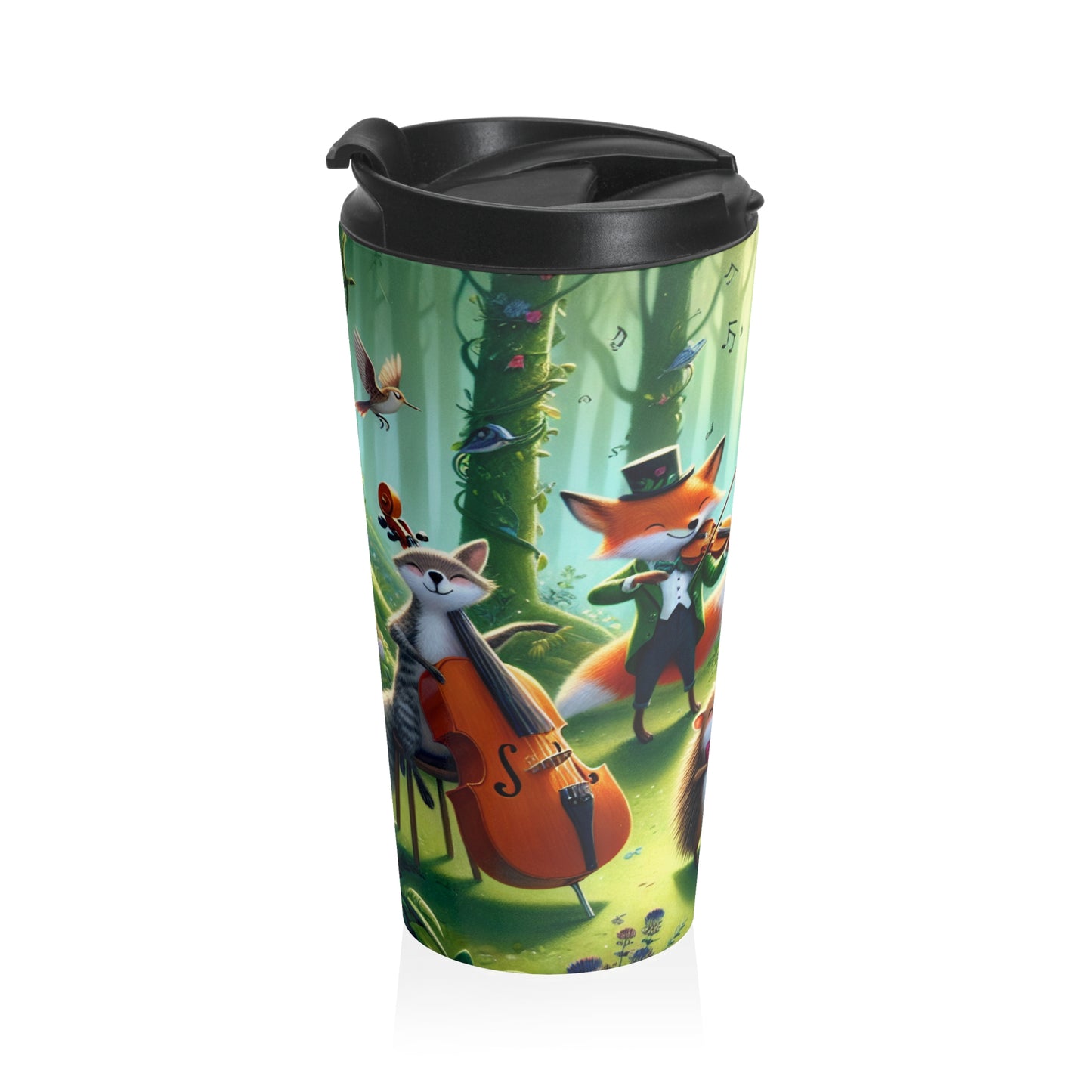 "Melodious Menagerie: Animales musicales en el bosque encantado" - Taza de viaje de acero inoxidable The Alien