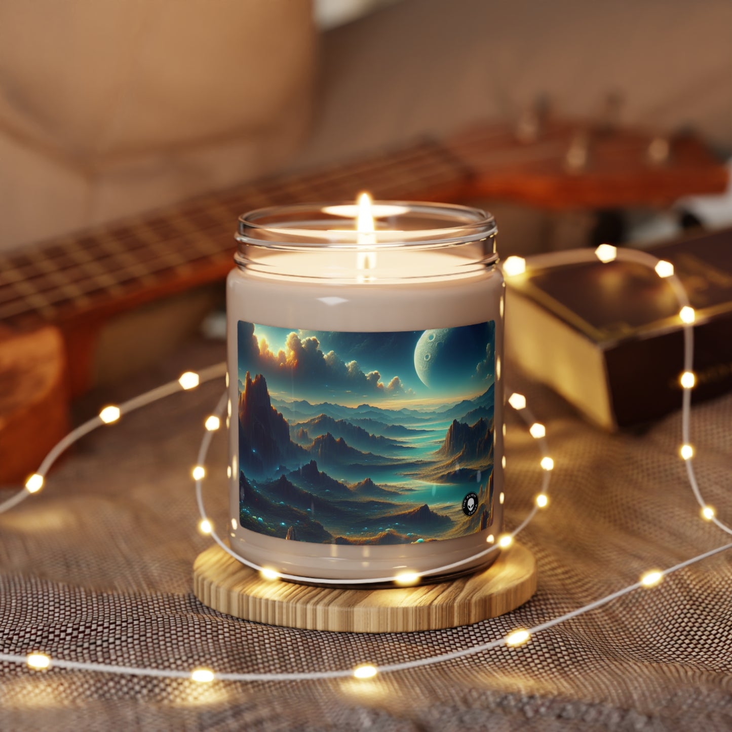 "Un Sueño Extraño: Un Mundo Desconocido en Detalle" - The Alien Scented Soy Candle 9oz planetas no descubiertos en estilo hiperrealista