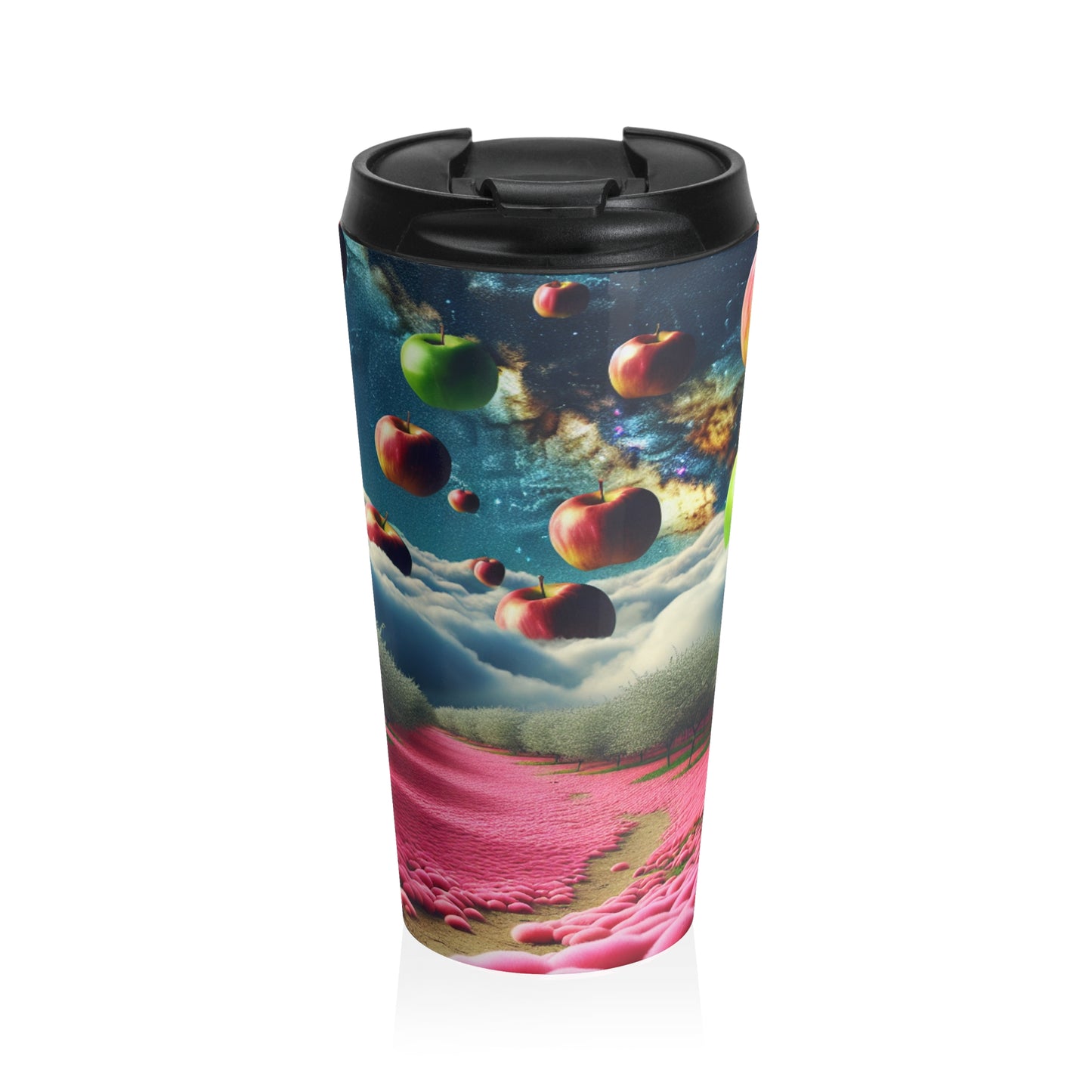 "Cielo de manzana y alfombra de flores rosas: un paisaje surrealista" - Taza de viaje de acero inoxidable The Alien