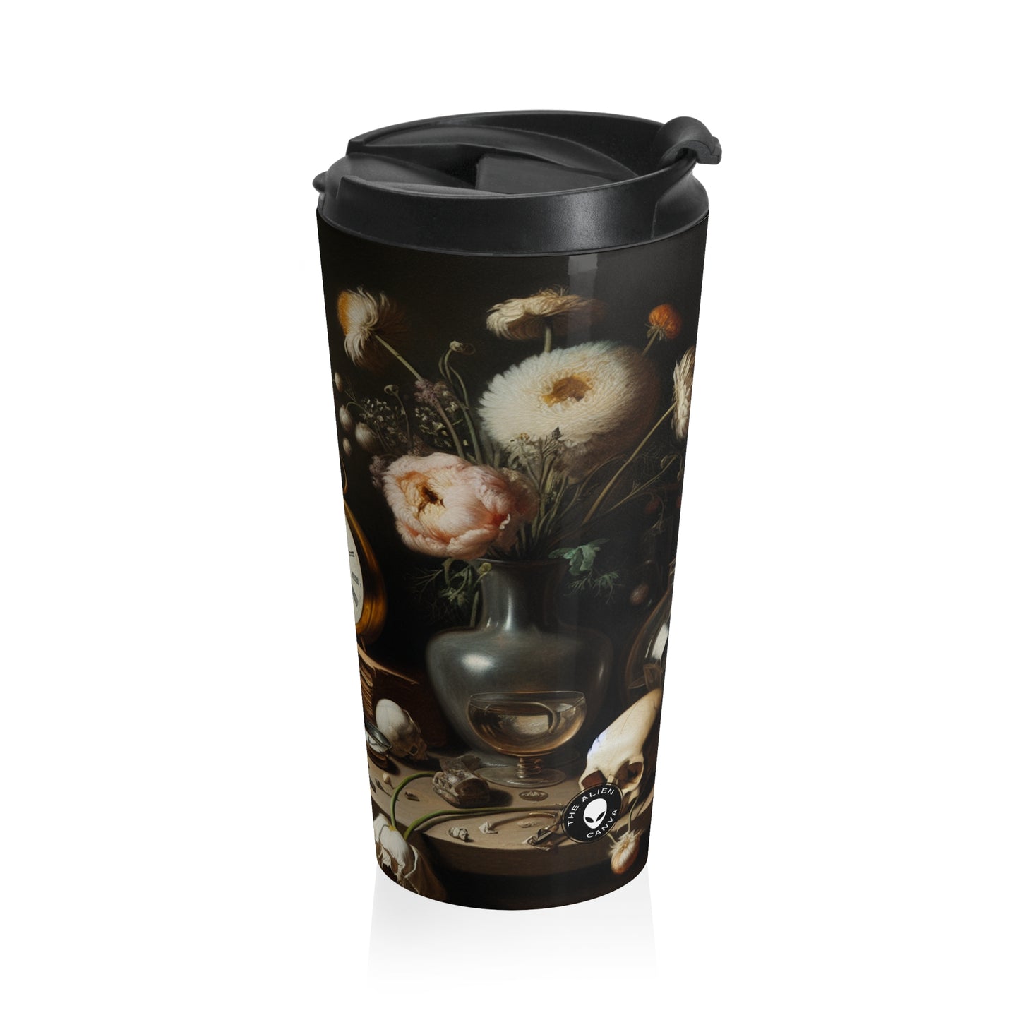 "Digital Decay: A Contemporary Vanitas Examining Consumerism in the 21st Century" - The Alien Stainless Steel Travel Mug Vanitas Painting